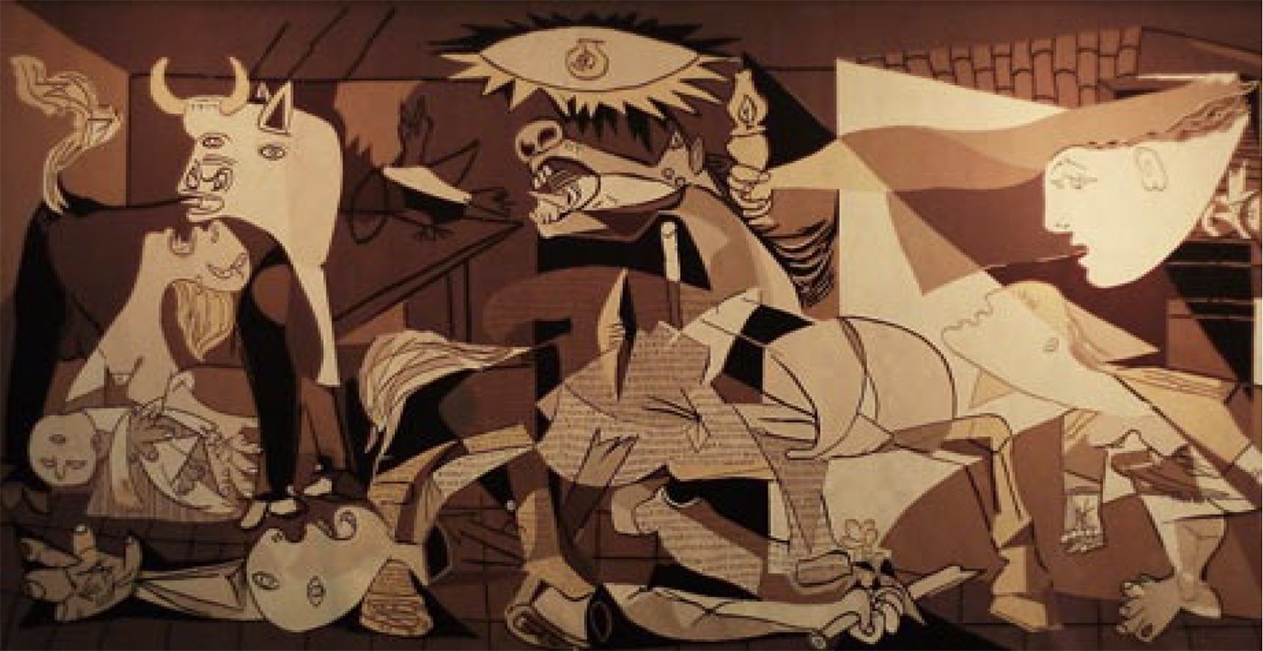 The Republican government commissioned Picasso to complete a work for the upcoming 1937 World’s Fair (Exposition Internationale des Arts et Techniques dans la Vie Moderne), to be held in Paris. Two months after the bombing, the massive (25 feet long x 11 feet high) painting was completed. It does not actually show the bombing at all, nor does it place blame. It instead shows the aftermath of the bombing—the resultant carnage. It is anti-war, and this has been its agreed-upon theme through the decades. Among its figures, it depicts a wounded horse, a decapitated soldier, a woman screaming as she is trapped by fire, and a woman holding her dead baby.