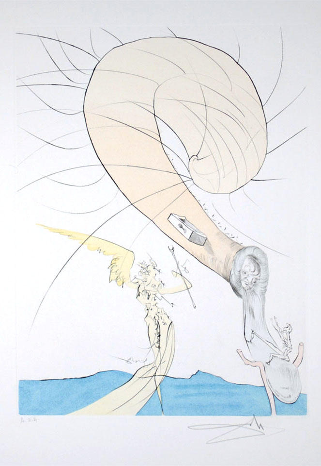Salvador DALÍ (1904-1989) After 50 Years of Surrealism: Freud with Snail-Head, 1974 Hand-colored etching on Arches paper. 