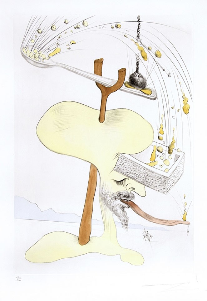 Salvador DALÍ (1904-1989) Visions de Quevedo: Hommage à Quevedo, 1975 Engraving and color pochoir on Richard de Bas paper Signed and numbered XXXIV/C in pencil. Published in 1627, Visions de Quevedo tells five amusing and satirical dream-visions of the Spanish author Francisco de Quevedo. The stories paint vivid images of hell, poking fun at its occupants from various classes and professions. Dali incorporates many allusions to his own life, and recognizable symbols such as the crutch, insects, and beans in this portfolio, making the Hieronymus Bosch images of hell from the book very much his own.