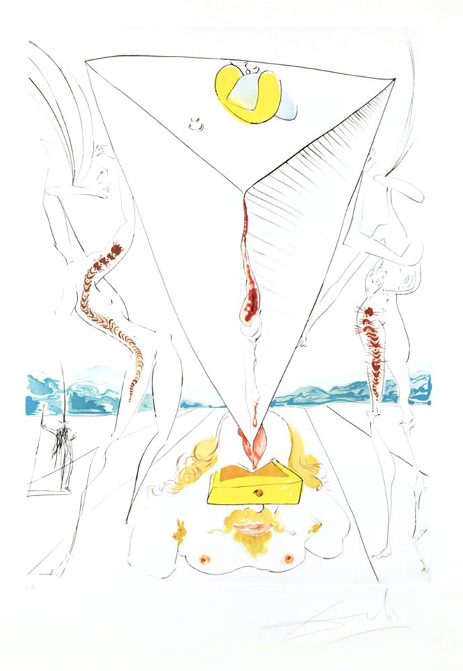 Salvador DALÍ (1904-1989) Conquest of Cosmos II: Philosopher Crushed by the Cosmos, 1974 Color lithograph with engraving and embossing on Arches wove paper. From the complete suite of 12 original engravings and lithographs (some with collage), 
